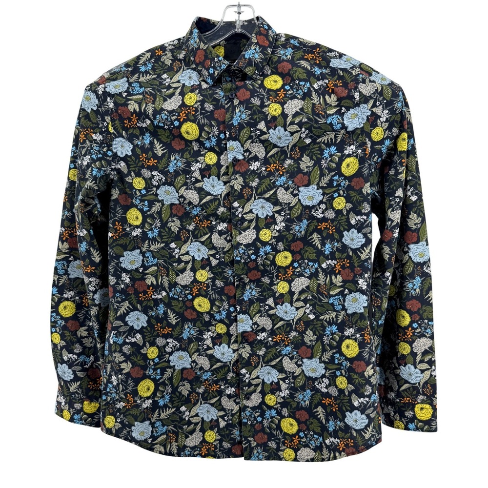 H&M Button Down Shirt Mens Large Black Poly Cotton Floral Slim Fit Casual